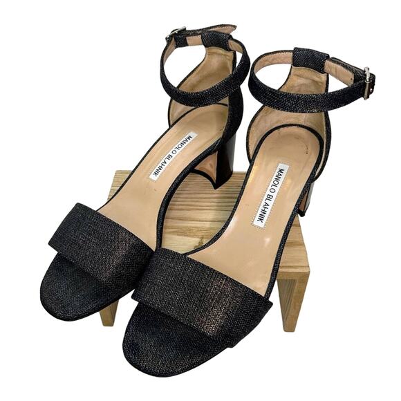 Manolo Blahnik Lauratomod Denim Ankle-Wrap Sandal in Metallic Wash Denim - Picture 1 of 9